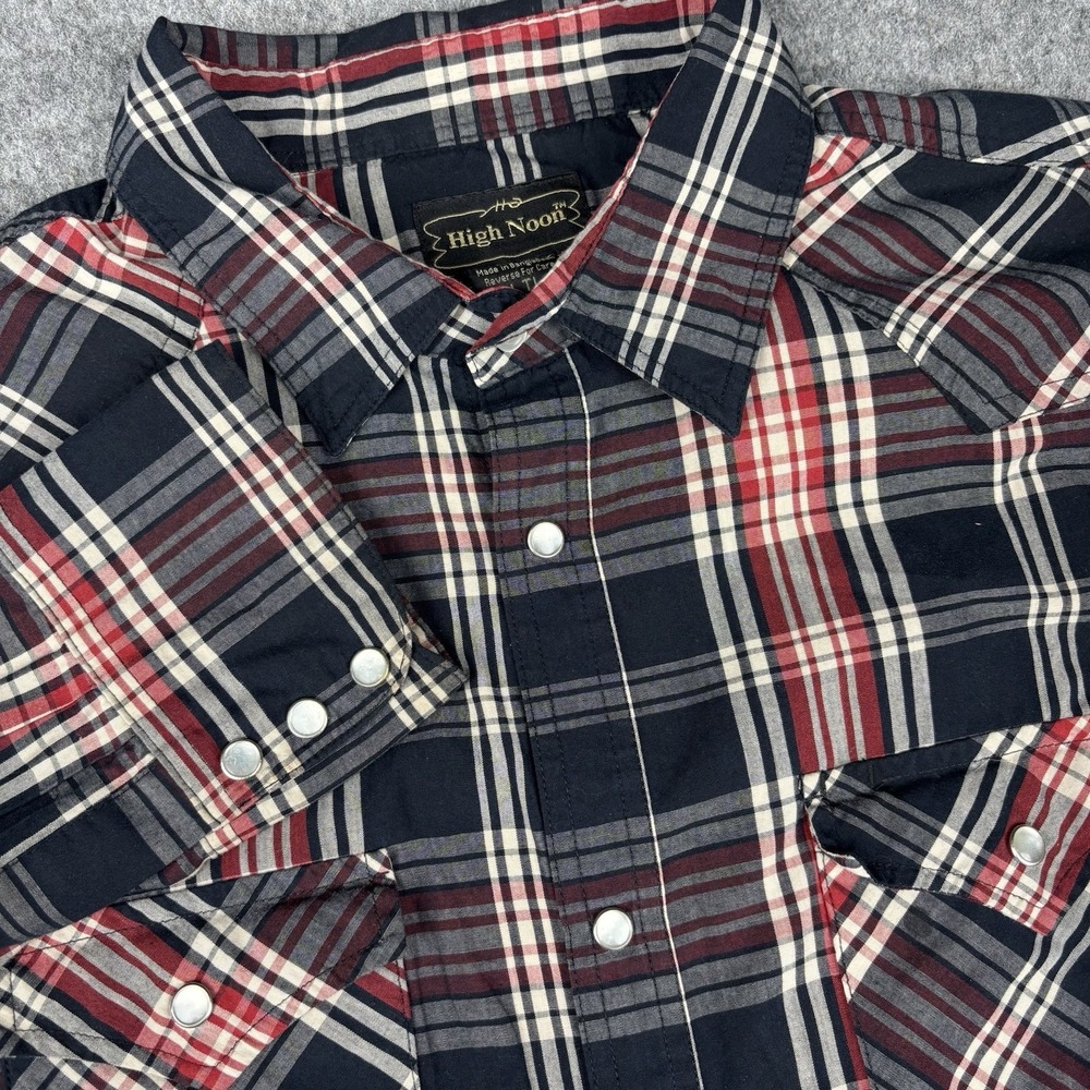 High Noon Western Shirt Mens Large Tall LT Pearl Snap Red Black Cowboy Rodeo EUC